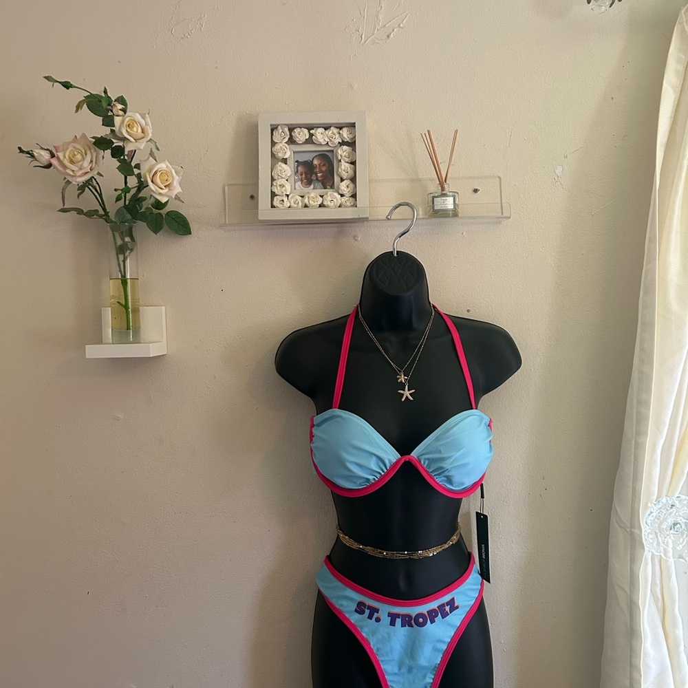 Fashion Nova 3 piece Blue and Pink St. Tropez Bikini